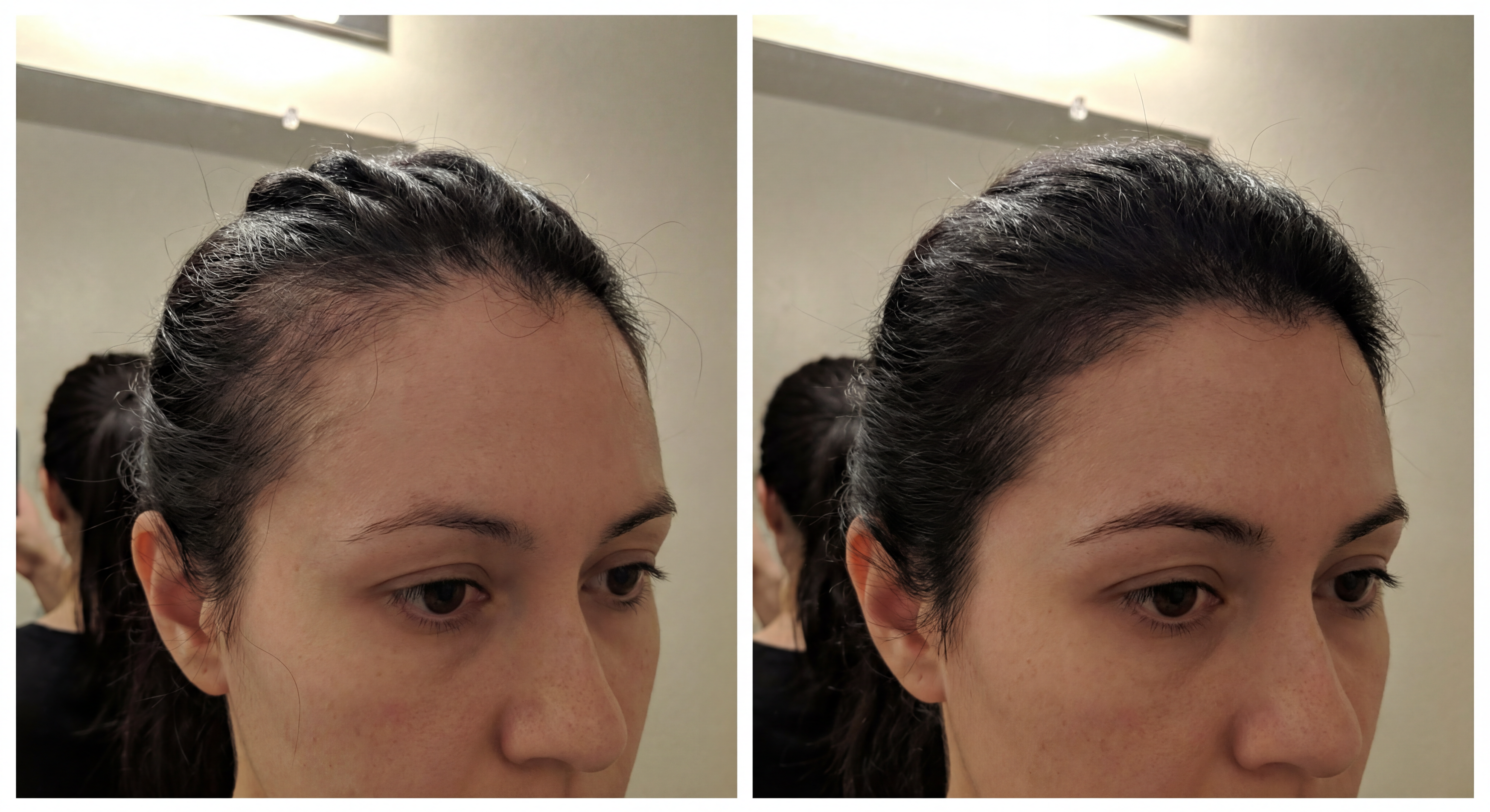 Vorher Nachher Vergleich: Haar vor der Anwendung des Cellular Renewal Serums (dünn, strapaziert) und danach (voll, glänzend, kräftig)